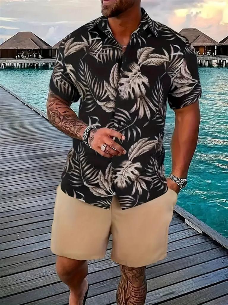 Hawaii Geometric Print Men's Shirt Casual Fashion Short Sleeve Shirt Shorts Set Men's Lapel Top Drawstring Shorts Two Piece Set