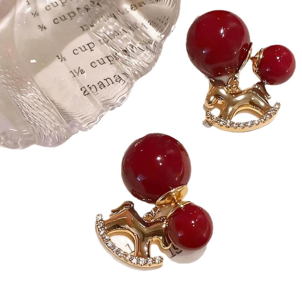 2025 New Arrival Exquisite Red Rocking Horse Earrings: Light Luxury, Retro Autumn/Winter Design for Women