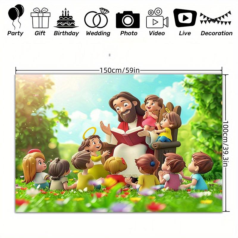 1 cartoon banner with a background of Jesus and children - a bright 2D polyester religious party decoration, studio prop