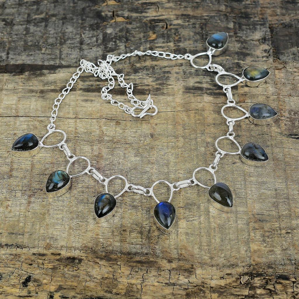 Flashy Labradorite Silver Necklace, Blue Color Necklace, Gemstone Necklace, 925 Sterling Silver Jewelry, 925 Silver Crystal Dainty Necklace For Her