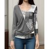 Women's V Neck Long Sleeve Blouse with Pleated Detail and Ring Buckle Multi Color Patchwork Top