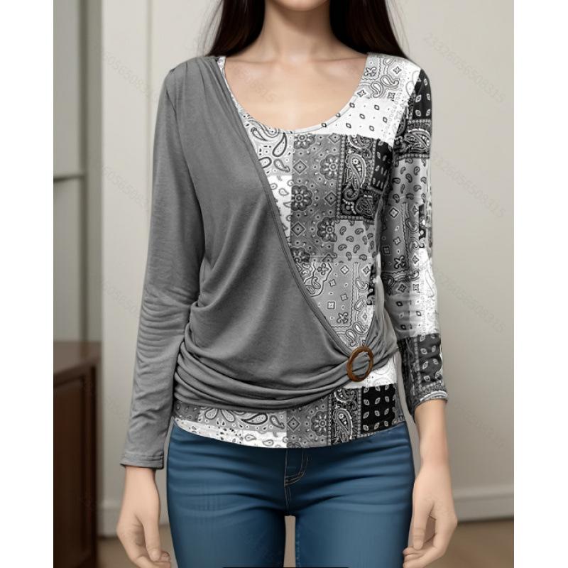 Women's V Neck Long Sleeve Blouse with Pleated Detail and Ring Buckle Multi Color Patchwork Top