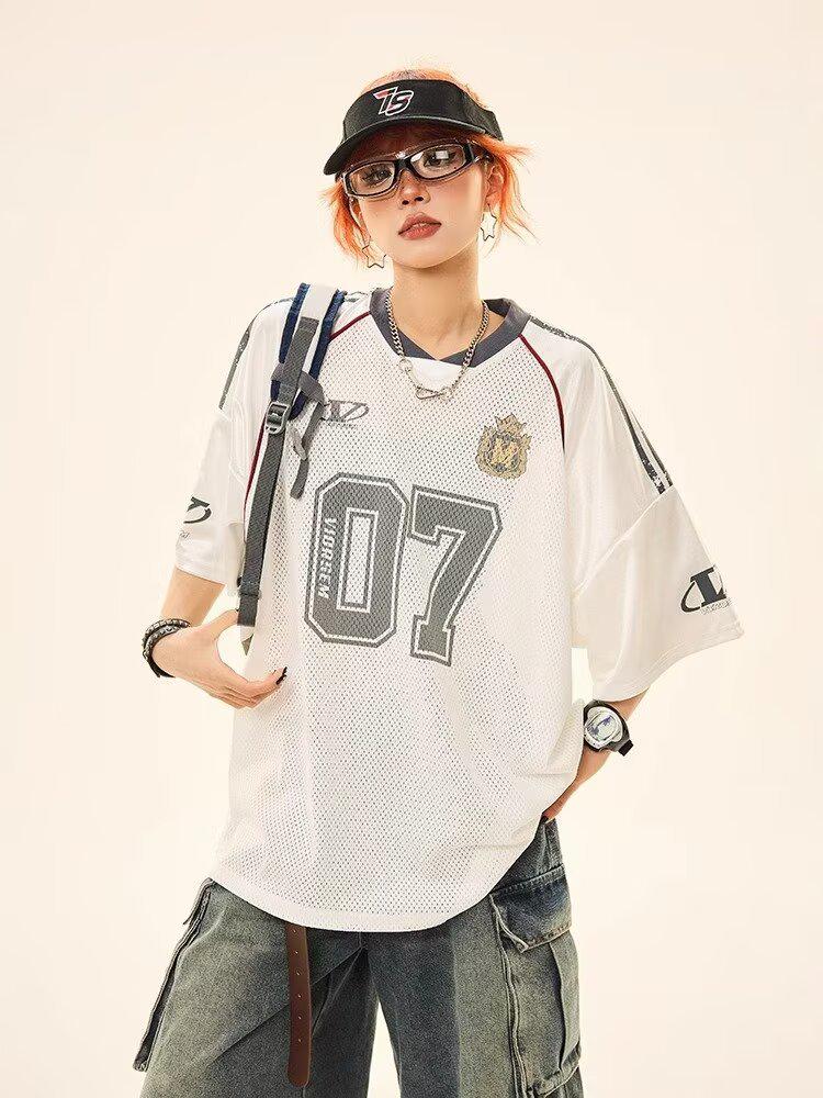 Women's Retro Sport Mesh Rugby T-Shirt: Summer College Style, Loose Fit Short Sleeve