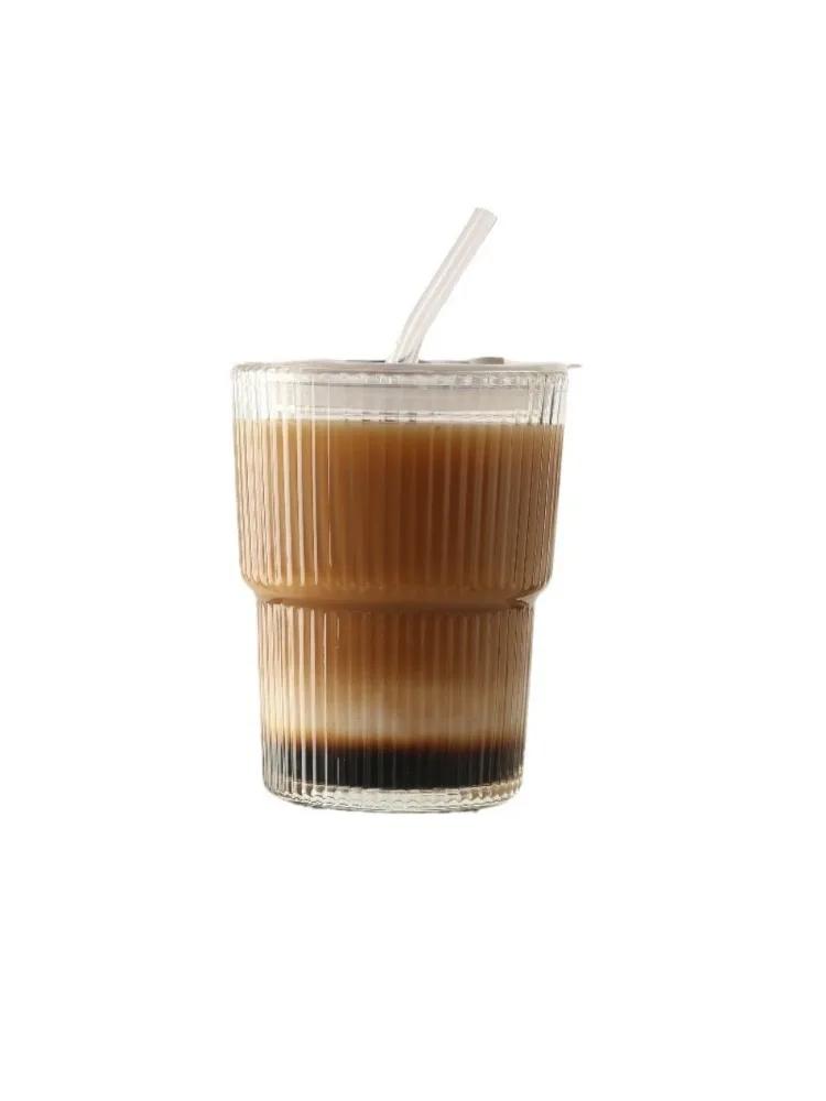 2 Pack of 450ML/15 Oz Vertical Fluted Glassware with Lids and Glass Straws Durable Lead-free Glassware for Everyday Use