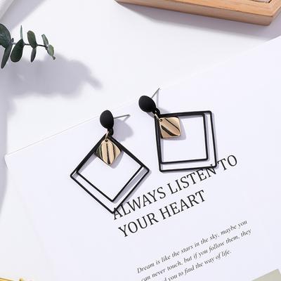 Women Unique Frosted Square Double Layer Geometry Pendant Earrings