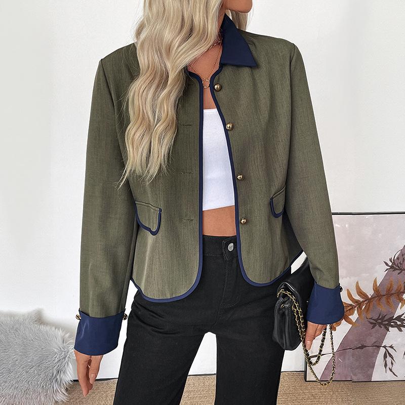 

Women s Fashion Casual Colour Block Print Autumn Winter Long Sleeve POLO Neck Jackets Coats XL зелений
