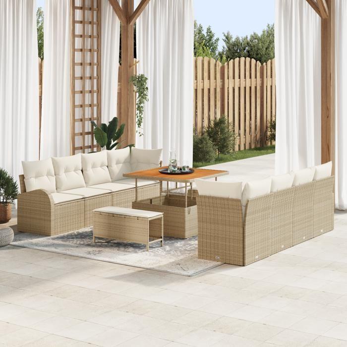 Ensemble de canapé de jardin vidaXL 11 pièces avec coussins beige en poly rotin acacia, Canapé de jardin 2 places vidaXL 3362376
