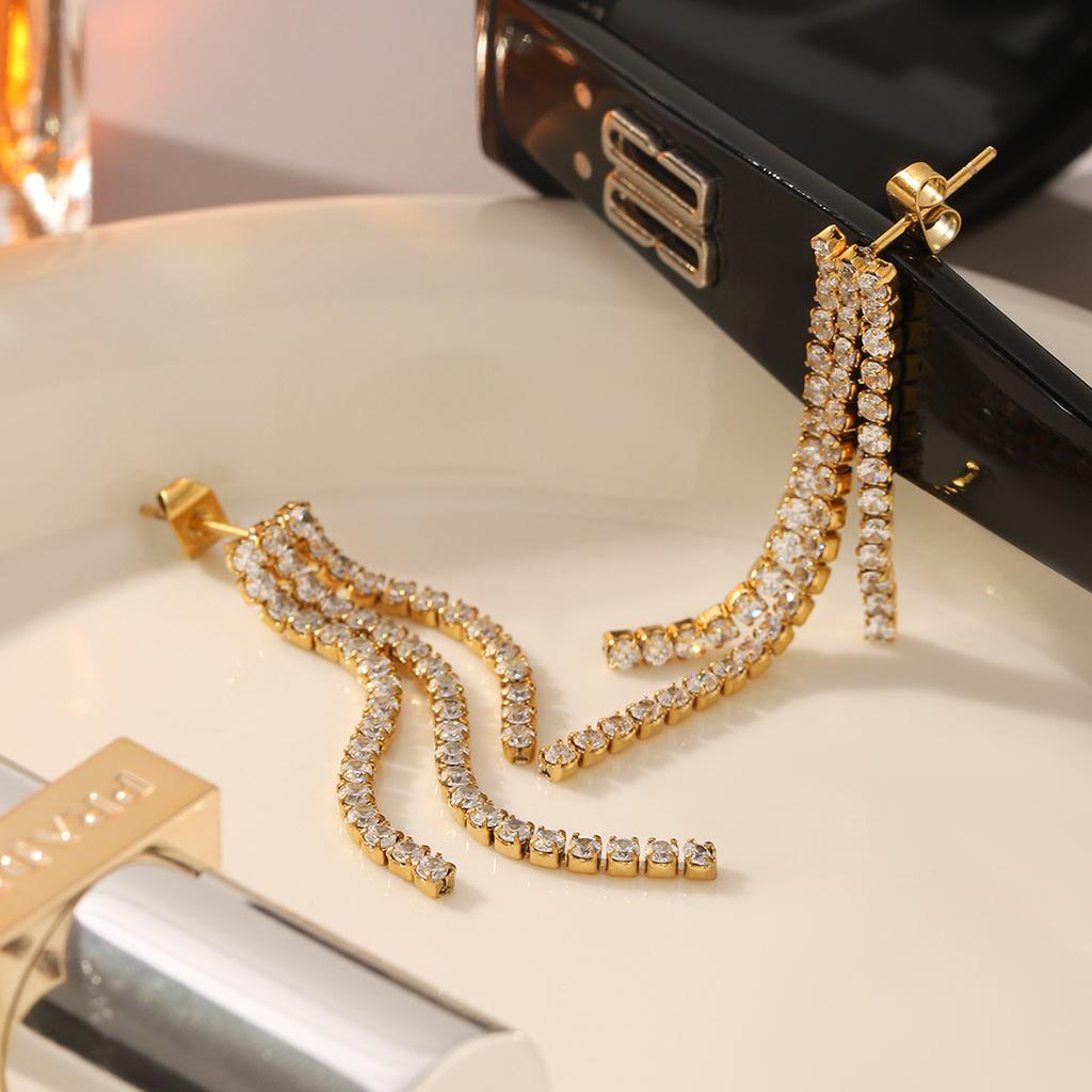 Korean Temperament Sweet Stainless Steel Zircon 18K Gold Plated Vintage Party Fashion Pendant Earrings