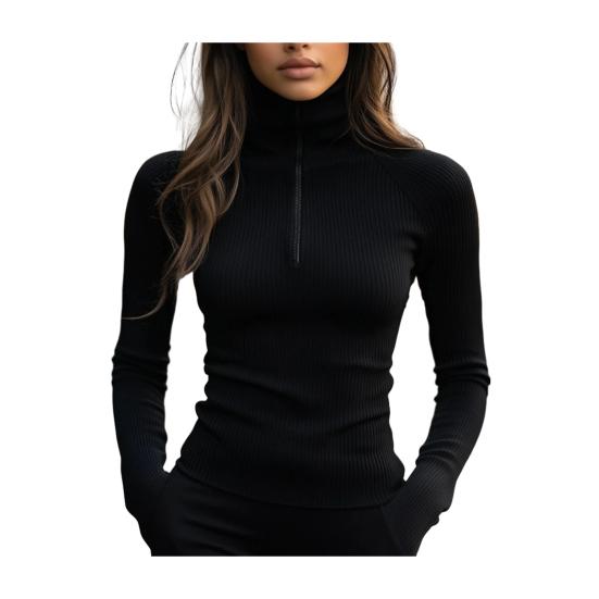 Bottom Tops Zipper Half Placket High Collar Long Sleeve Knitted Tops Solid Color Slim Fit Elastic Base Tops