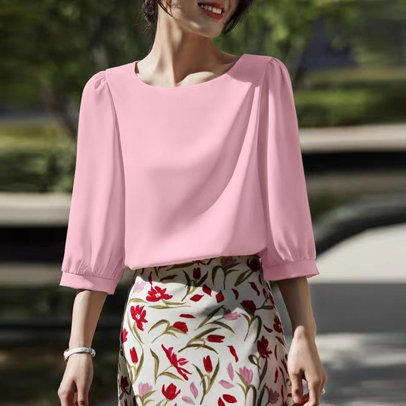 ZANZEA Women Casual Round Neck Summer 3/4 Sleeve Loose Blouse