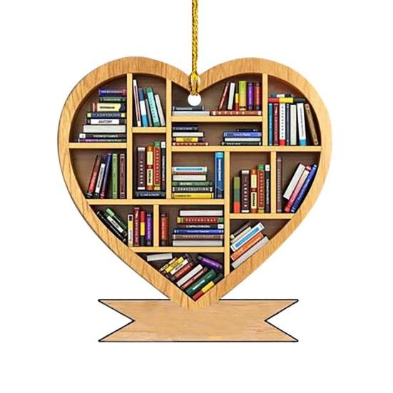 Heart Shaped Christmas Ornament Acrylic Bookshelf Xmas Tree Hanging Decorations 2D Flat Printed Book Gifts for Book Lovers