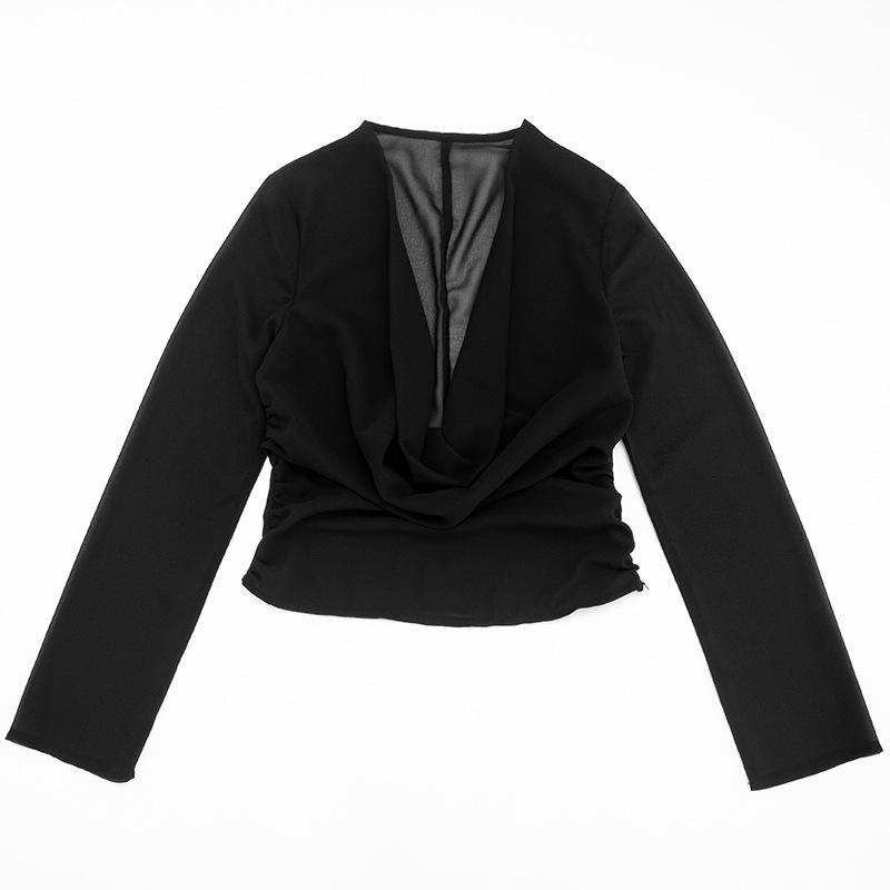 J25TP327 Women's Deep V Chiffon Long Sleeve Top with Flowing Collar and Scarf