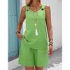 Western Spring Summer Fall New Solid Color Craft Fabric Double Pocket Sleeveless Top and Shorts, Vacation Style Elegant Casual Set