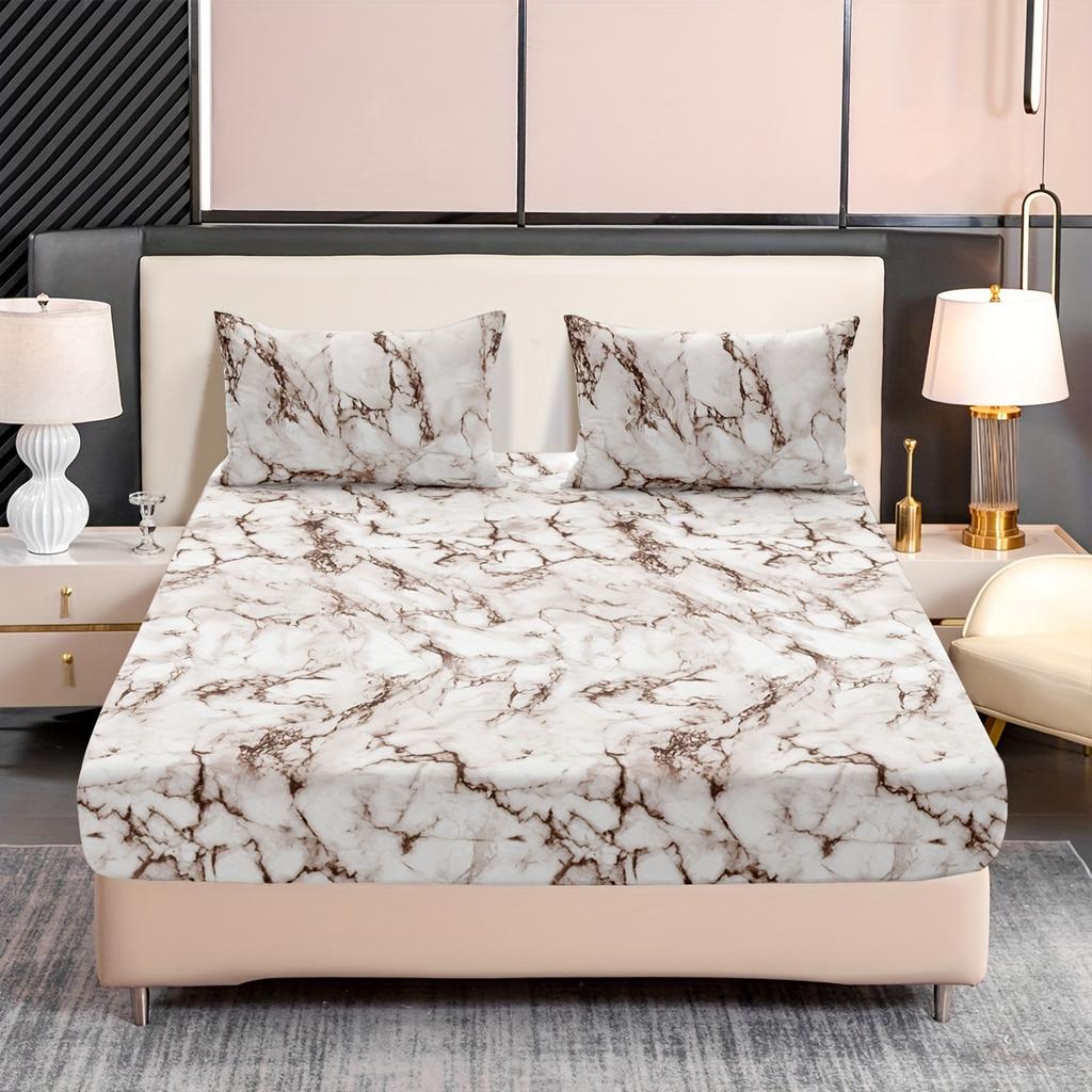 3-Piece Marble Print Fitted Sheet Set - Ultra Soft Breathable Microfiber Fabric Hypoallergenic Wrinkle-Resistant Easy Care -