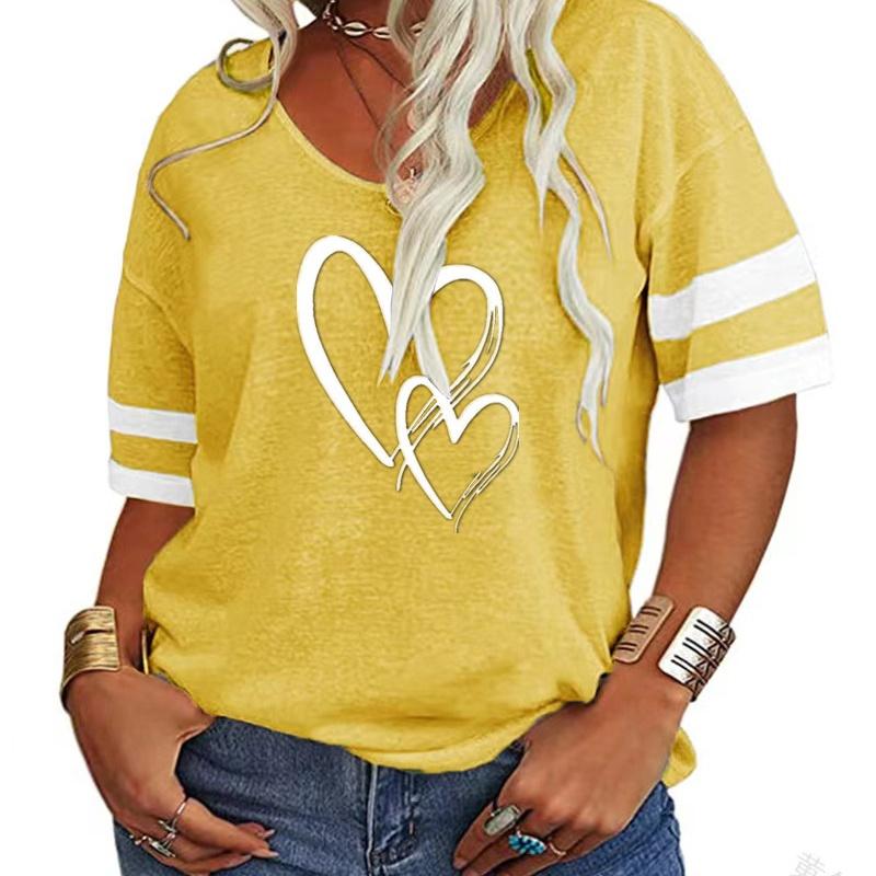 

Футболка больших размеров с V-образным вырезом и принтом в виде сердца. Новая элегантная и удобная футболка с короткими рукавами и простым принтом в виде сердца для женщин на весну и лето. M жёлтый
