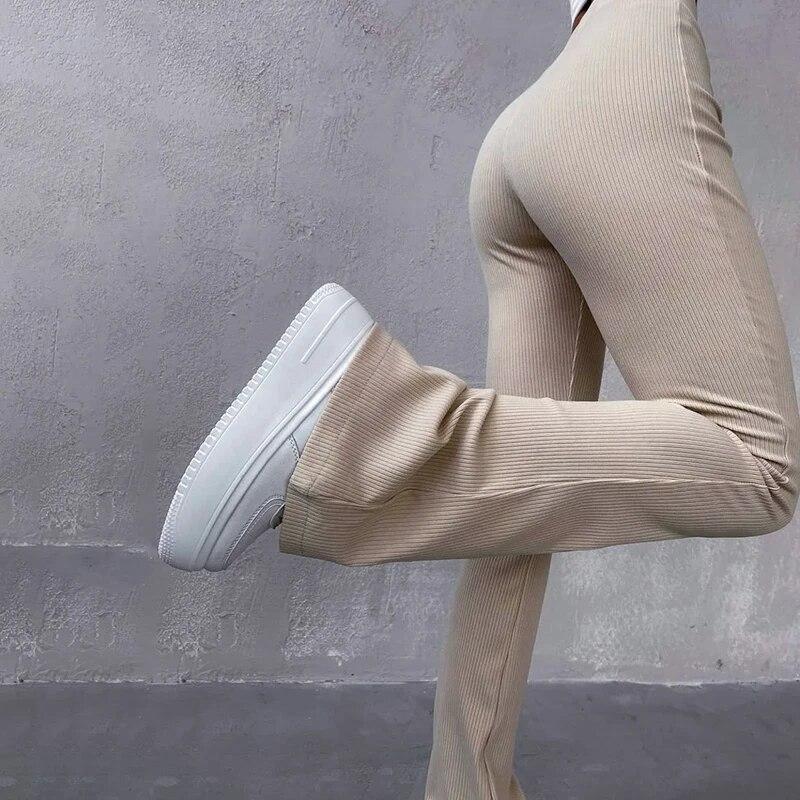 Spring and Autumn Solid Color High-waisted Wrapped Hip Elastic Thread Pants Casual Fashion Flared Pants