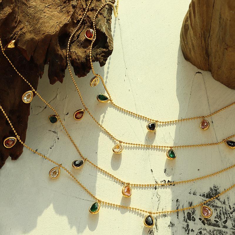 1 Pcs French Ins Style Colorful Zirconia Pendant Necklace Women Collarbone Chain Titanium Steel Not Lose Color Zircon