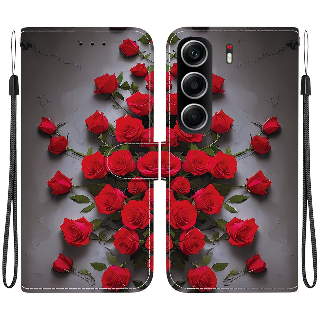 Handgefertigte PU-Leder-Klapphülle für Tecno Camon 40, rutschfeste, stoßfeste Hülle mit Handschlaufe und Herz-/Rosen-/Katzen-Designs