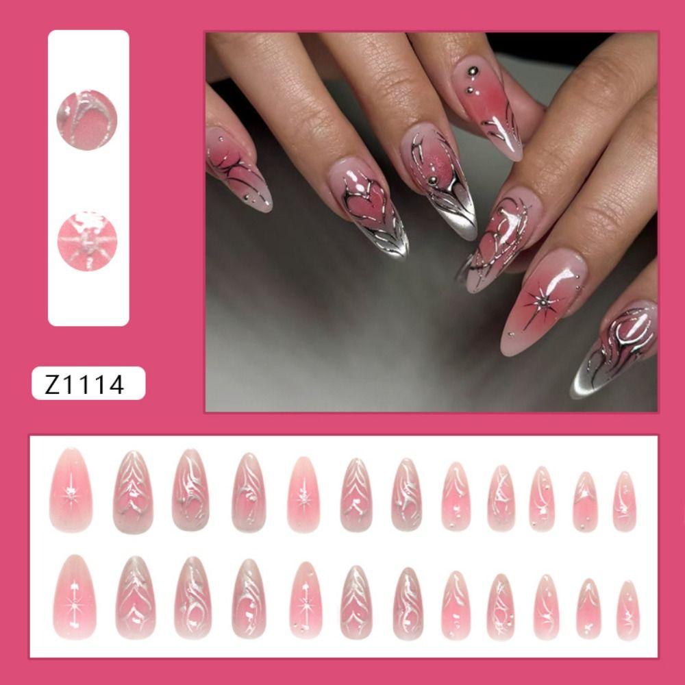 24pcs Manicure Long Almond False Nails Simple Cherry Color Fake Nials French Detachable Press on Nails Women