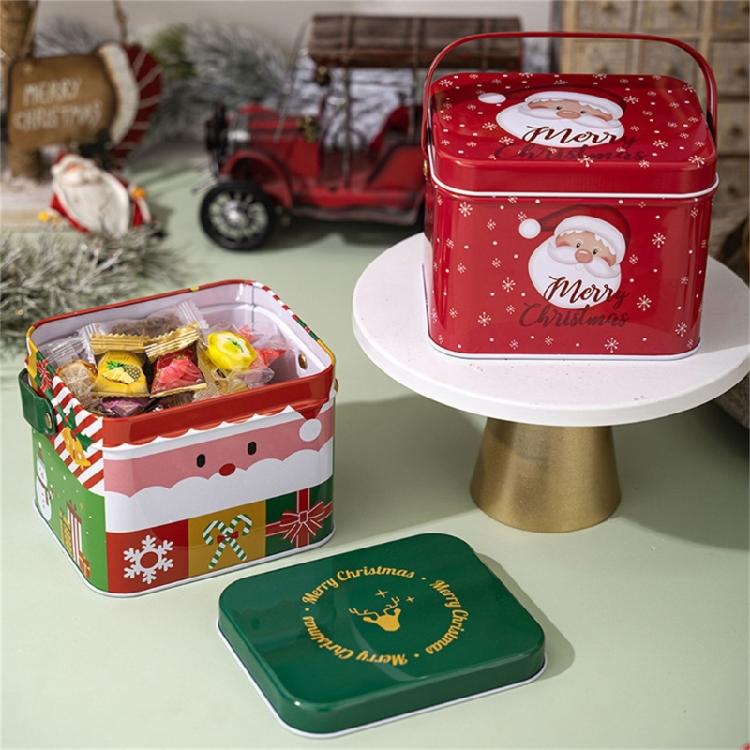 2pcs Decorative Christmas Candy Boxes Handheld Candies Organizers Portable Sweets Tins with Handle for Family Gathering