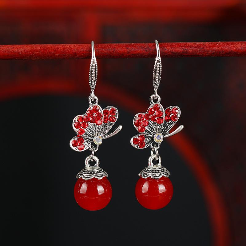 Retro Ethnic Style Butterfly Agate Earrings Women's Long Tassel Temperament Opal Earrings Antique Simple Ear Jewelry