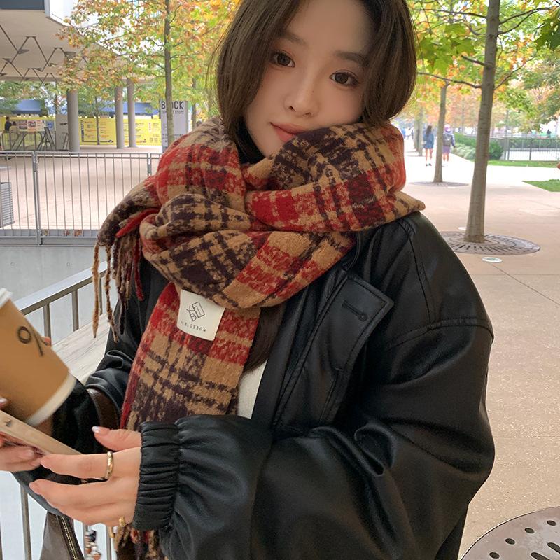 Dried Rose Pink Plaid Scarf Women's Winter Senior Feeling Warm New Sweet Versatile Fringed Shawl Scarf