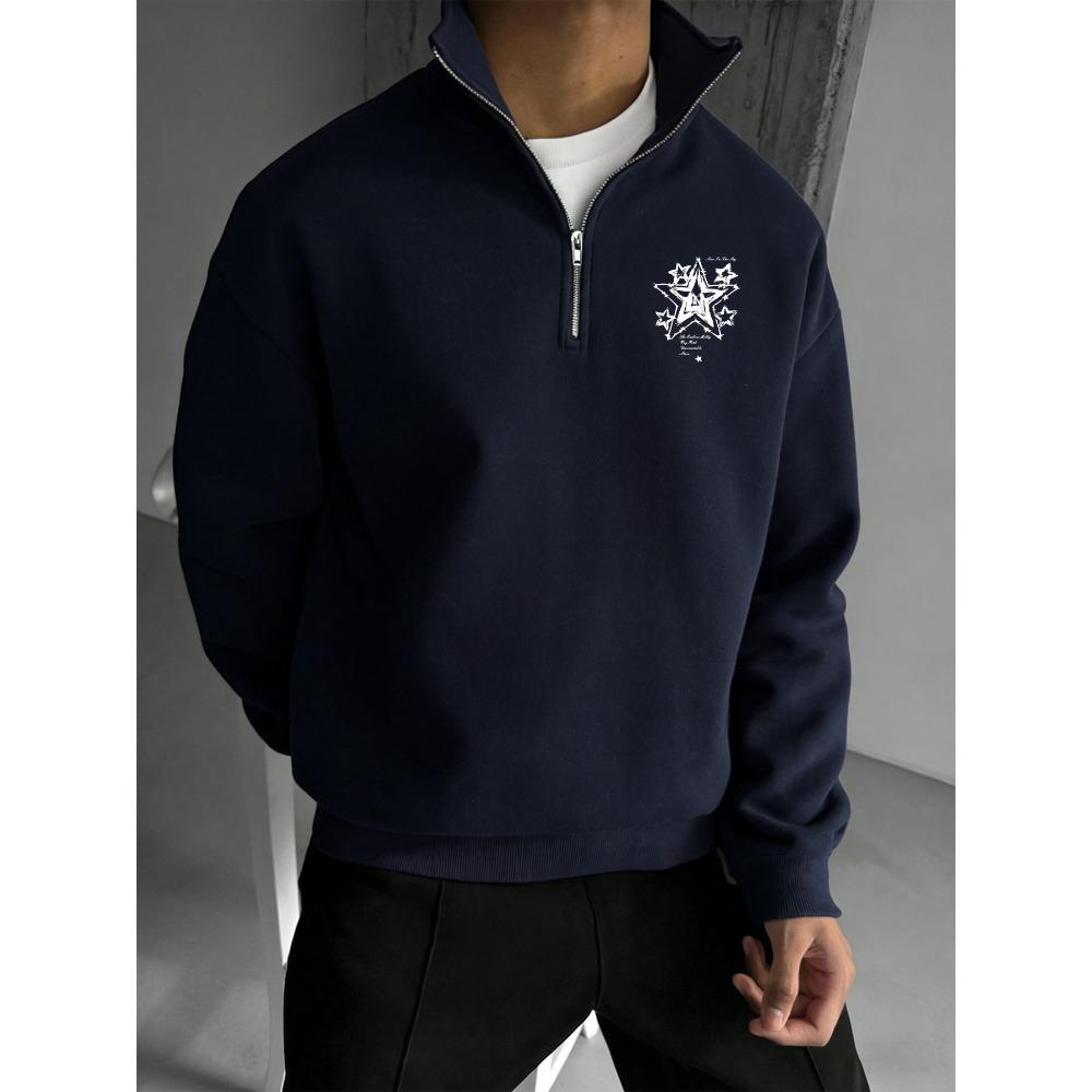 Gothic Star Minimalist Print Men s Half Zipper Sweatshirt, Minimally Fashionable Stand Collar Printed Casual Long Sleeve Stand Collar Sweatshirt S