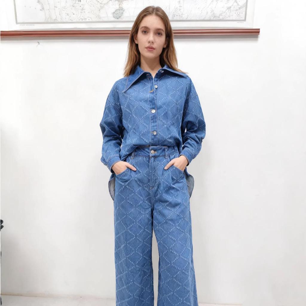 Ensemble en jean à manches longues pour femmes européennes et américaines: Pantalon décontracté large et ample et chemise en jean