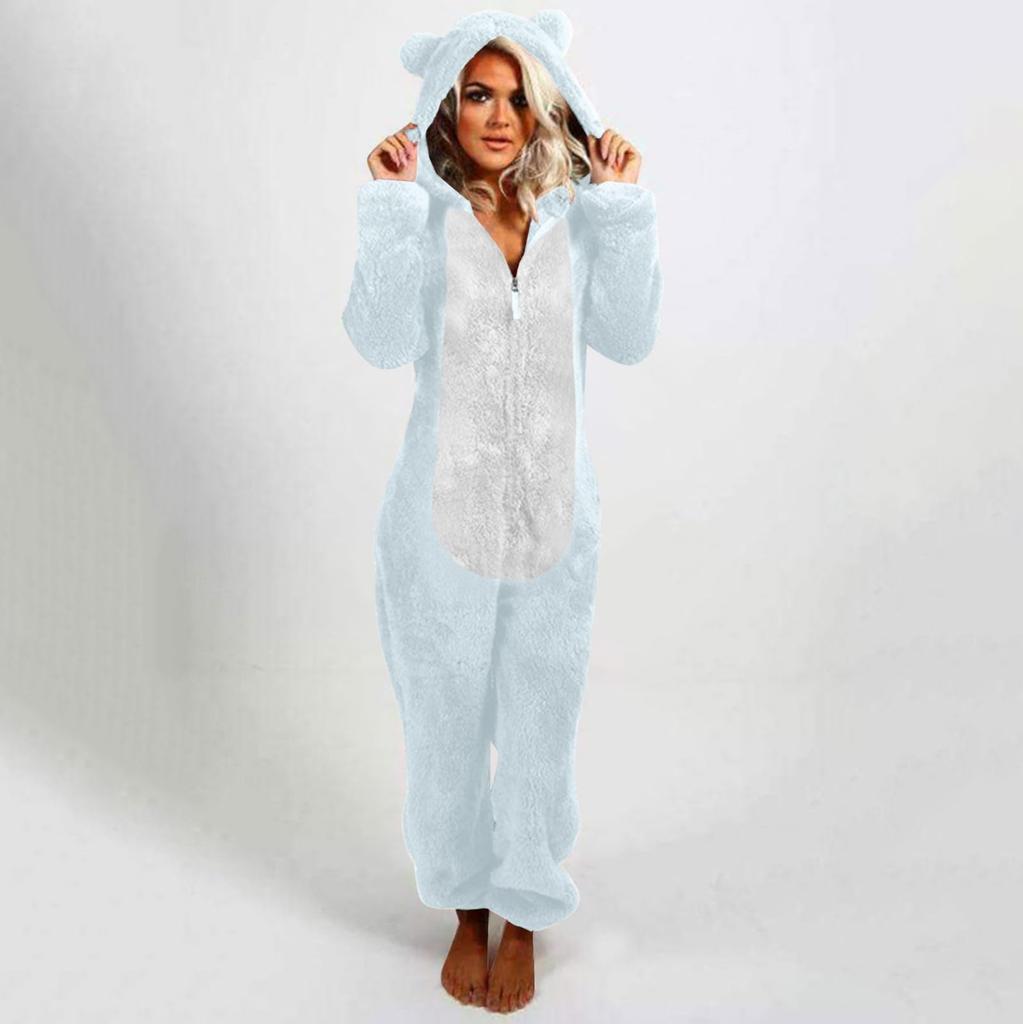 Women's Fashion Fleece-Lined Thickened Fleece Hooded Pyjamas With Zip-Up Onesie
