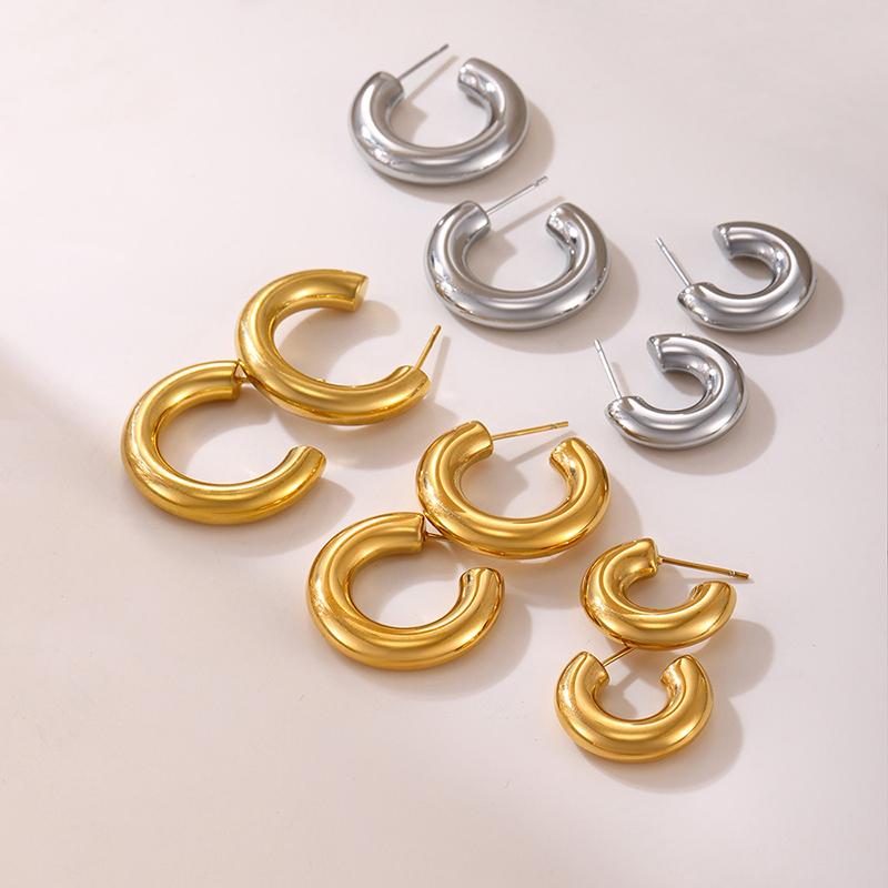 

Classic Vintage Smooth Round C Shape Hoop Earrings Women 5mm Thick Stainless Steel Huggie Stud Earrings Circle Fashion Zircon 20mm медный