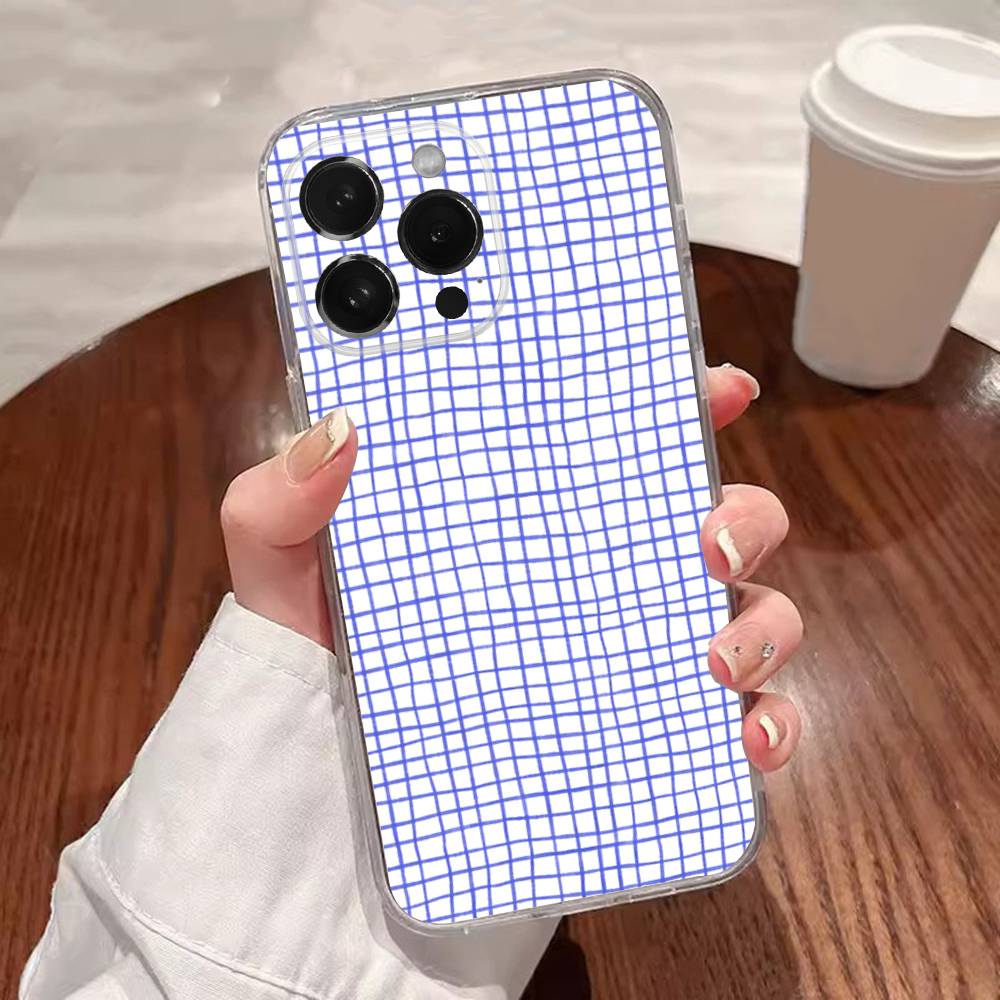 Ins Korean Blue Striped Grid Phone Case For iPhone 17,16,15,14,13,12,11 Plus,Pro,Max,XR,XS,Plus,E,SE4,Mini Transparent Cover