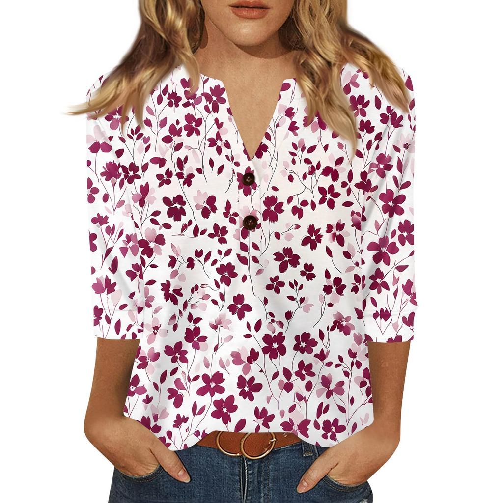 Women's T Shirt Print Button 3/4 Sleeve Daily Weekend Fashion Basic V- Neck Regular Top