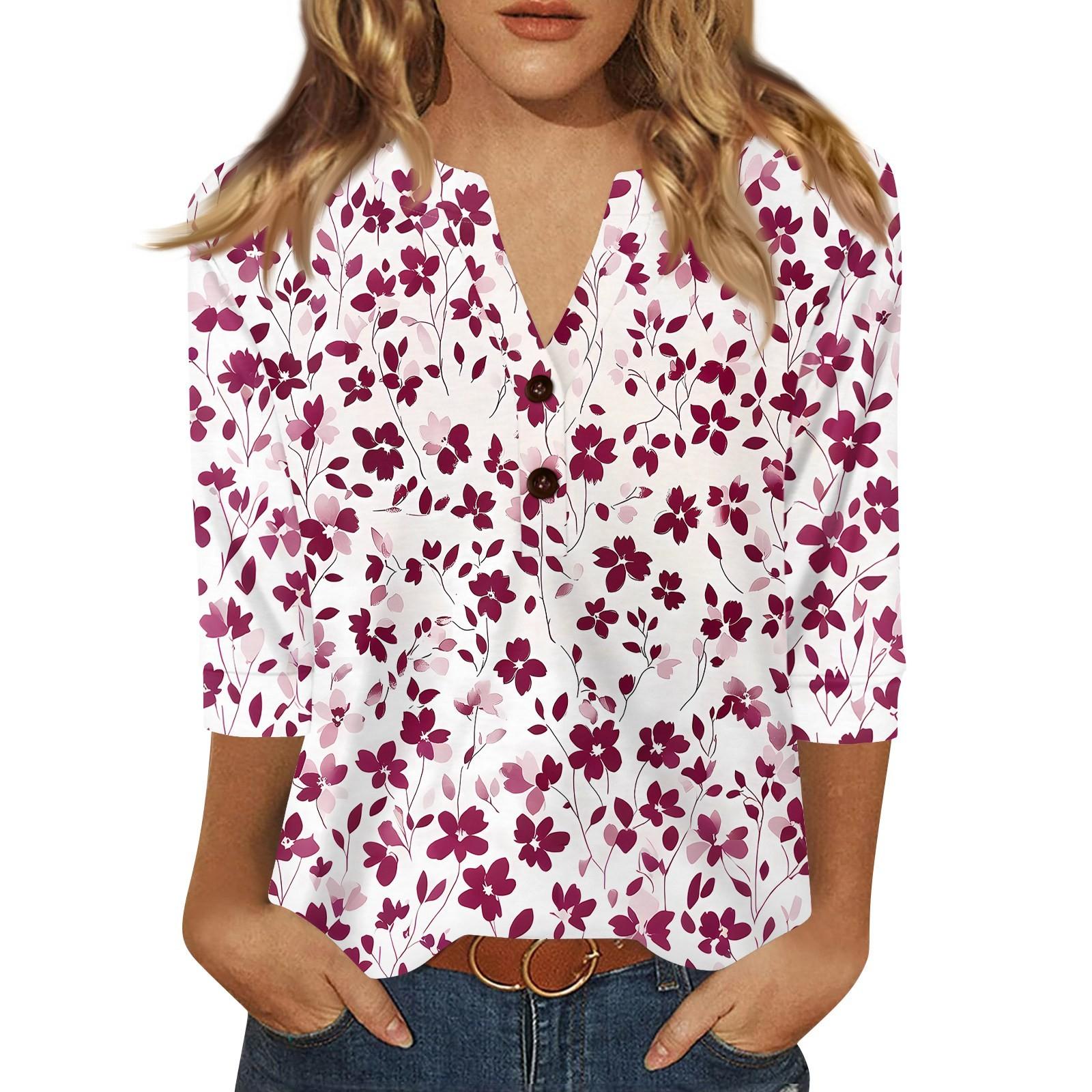 

Жен. Футболка С принтом Пуговицы Рукав 3/4 Повседневные Выходные Мода Классический Классический V-образный вырез Обычный Верх L фиолетовый