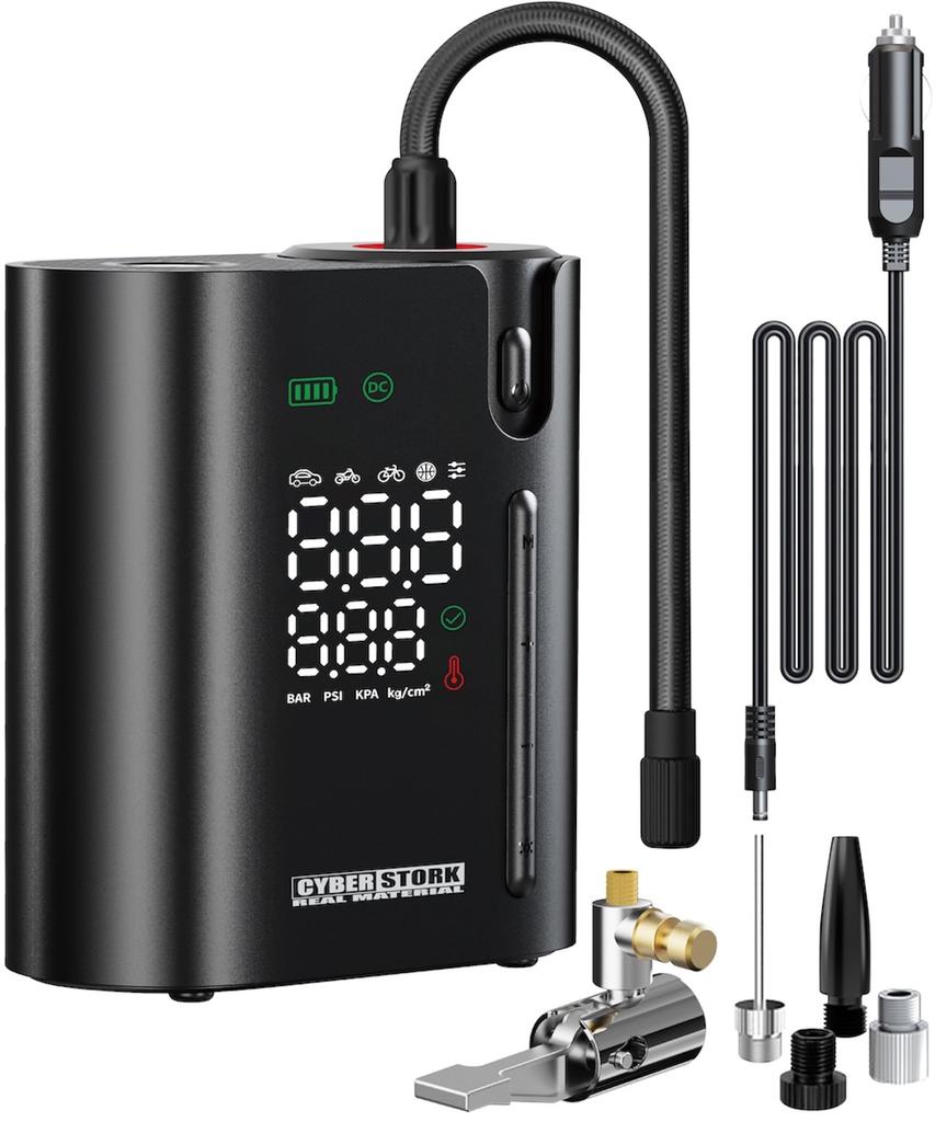 Cyberstalk Japonská značka Auto Vzduch 150 Velký LED Kompatibilní s a Elektrická Dlouhá Pumpa, Dobíjecí, Bezdrátový, Přenosný, PSI, Kapacita, Automatické Vypnutí,