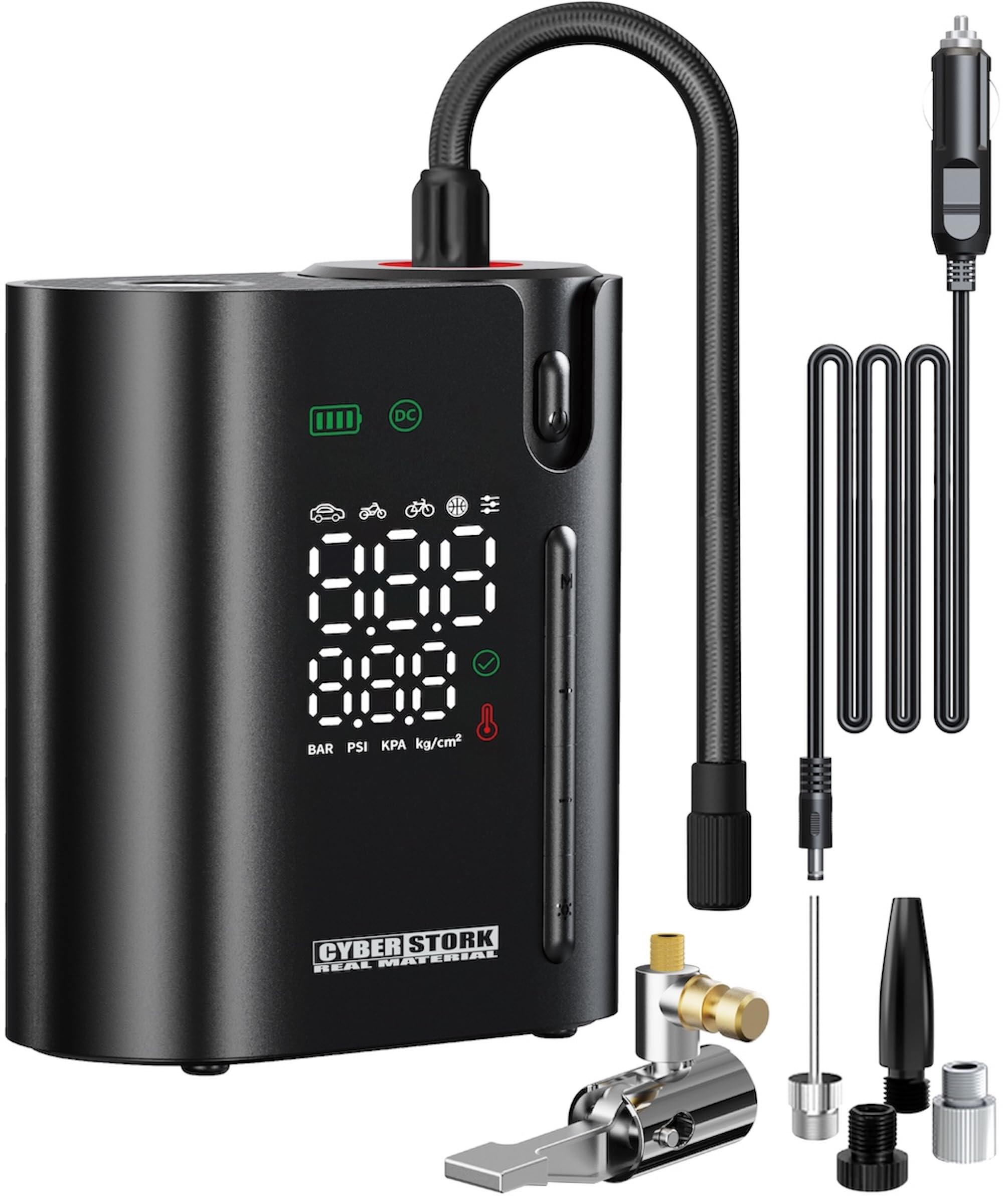 

Киберсталк Японский бренд Автомобильный воздух 150 Большой светодиод Совместим с и Электрический длинный насос, Перезаряжаемый, Беспроводной, Портативный, PSI, Емкость, Автоматическое отключение, чёрный