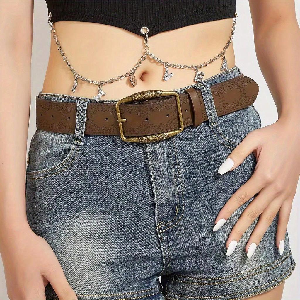 1pc Floral Embossed Belt, DistressedDenim Accessory, Casual Ethnic Artisan Belts Versatile Belt