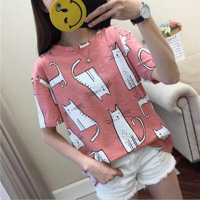 Kadın Yazlık Tişört Kedi Baskılı Retro Moda Kısa Kollu Tişörtler Günlük Baskılı Üstler