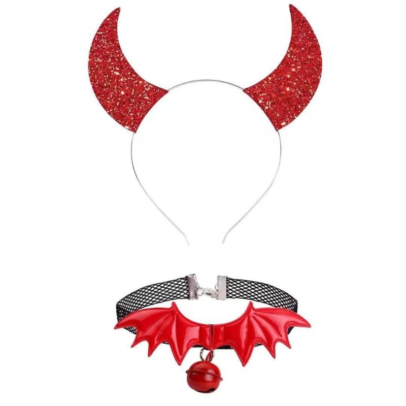 Gothic Dark Glitter Girls Choker Collar Rose Devil Wing Headband Set Gothic Bat Wing Versatile Choker
