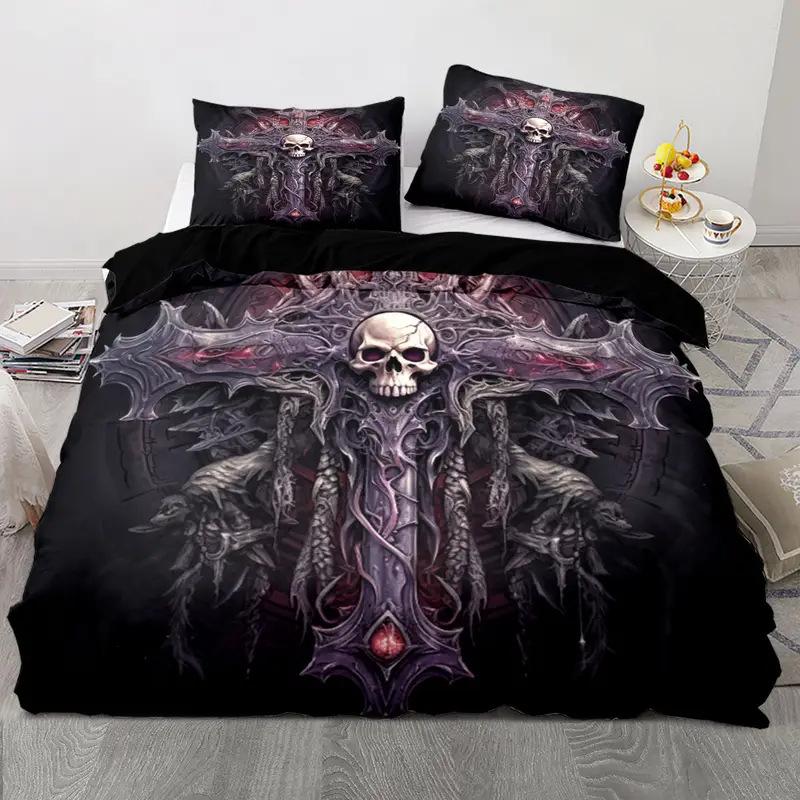 Sugar Skull Duvet Cover King, 3D Skull Bedding Set for Boys Girls, Bones Skeleton Blue Roses Comforter Cover with Pillowcases