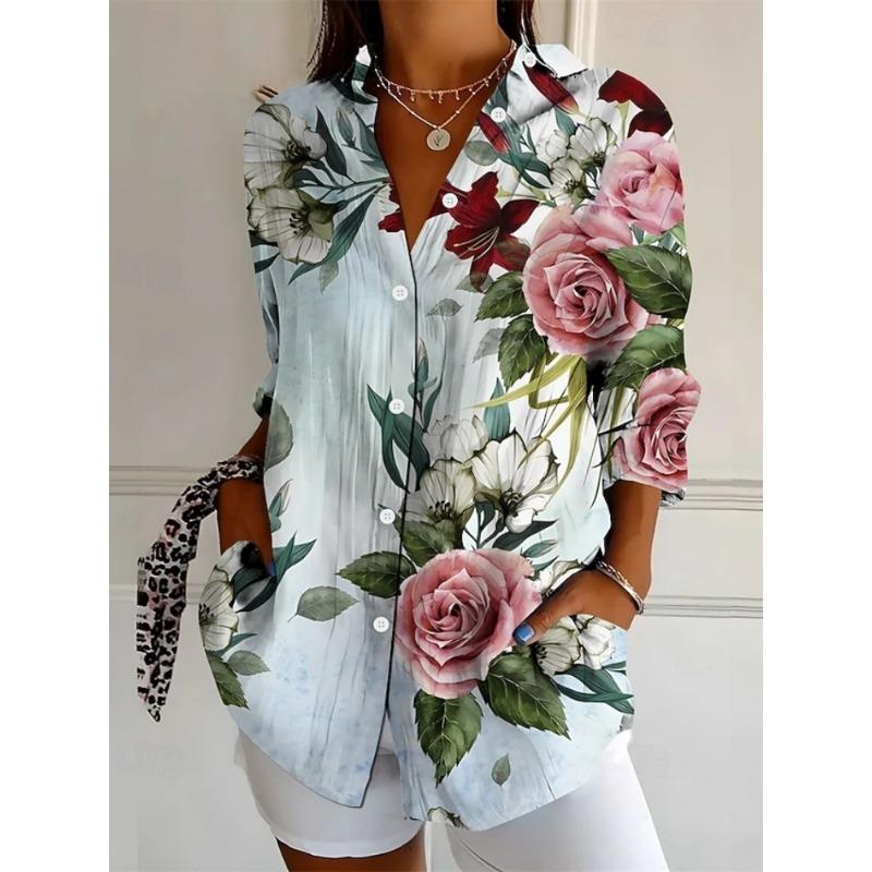 Fashionable Women's Floral Print Long-Sleeve Shirt Loose Fit Comfortable Breathable Long-Sleeve Shirt Casual Everyday Shirt