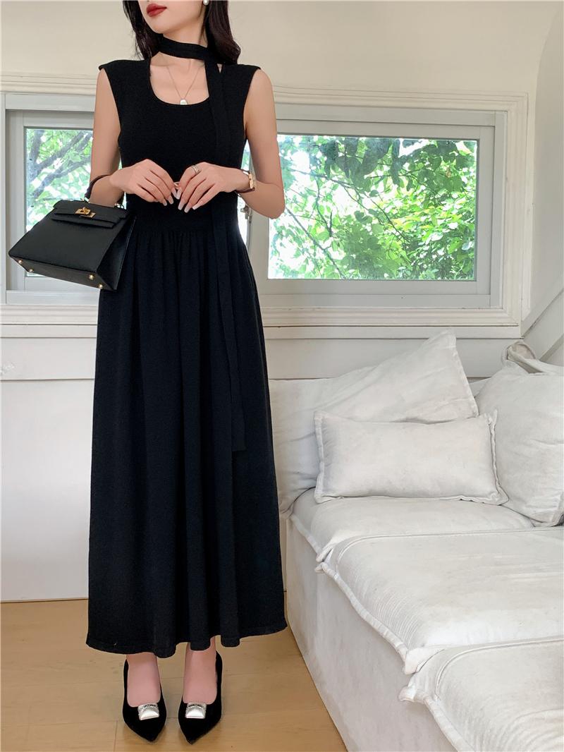 

Корейская мода облегающее платье без рукавов с круглым вырезом женское элегантное винтажное эластичное однотонное платье с открытыми плечами женское дизайнерское тонкое облегающее платье S чёрный