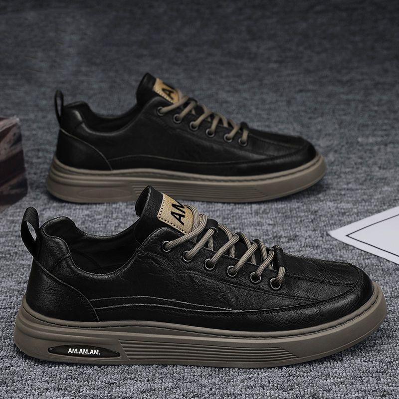 2025 autumn and winter new men's shoes leather breathable casual shoes Korean version fashion trendy shoes men's low-top thick baseplate shoes