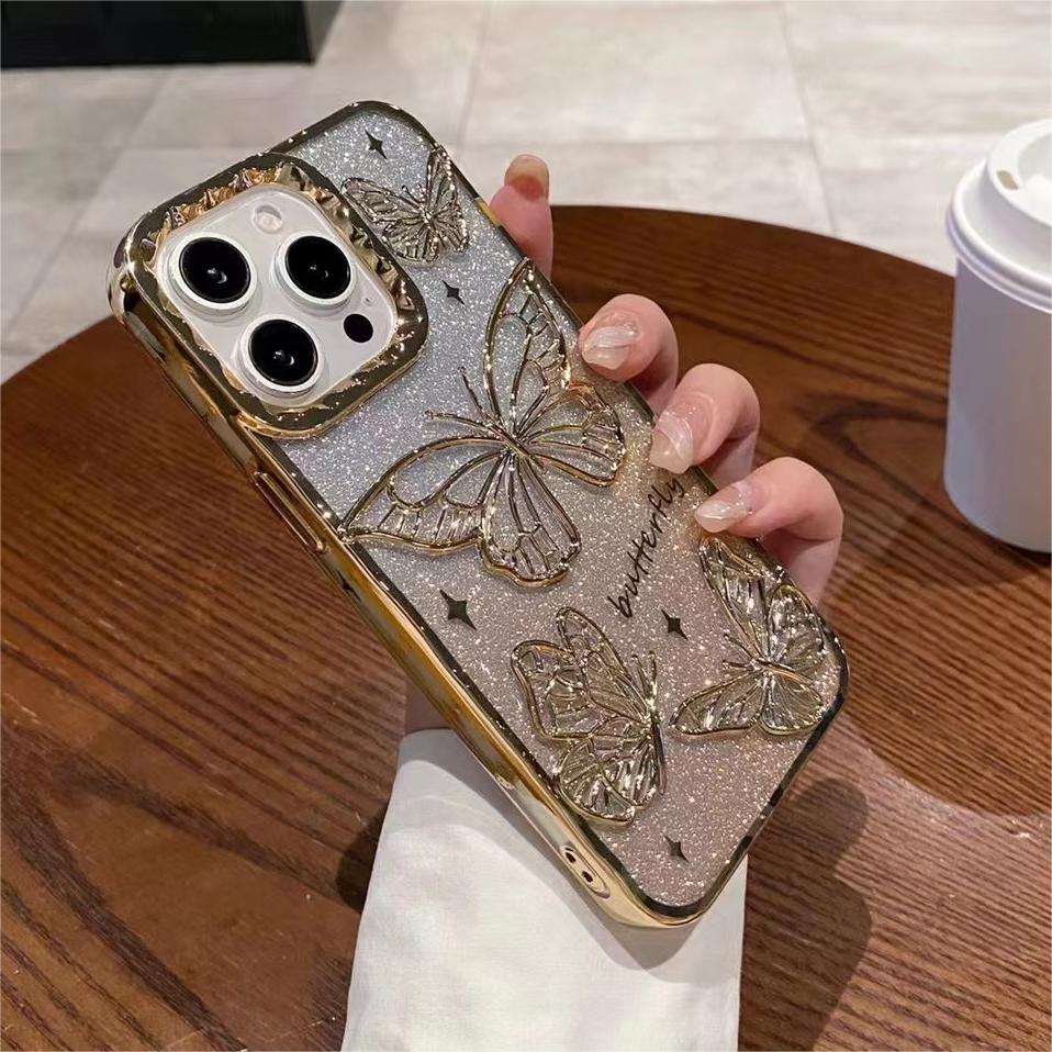 3D Třpytivý Motýlek s Tekutým Pískem Gradientní Pouzdro Pro iPhone 17 16 15 14 13 12 11 Pro Max Plus Air Plating Nárazuvzdorný Kryt