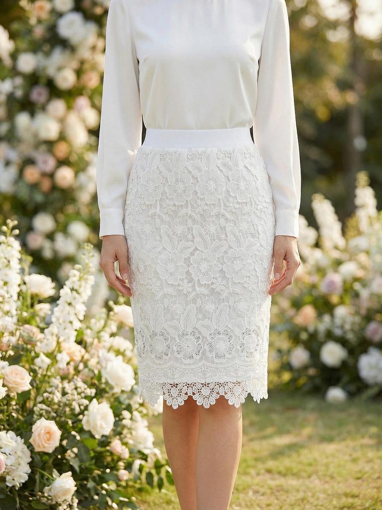Elegant High-Waisted Lace Midi Skirt - Slim Fit, Hollow Design, Hip-Hugging Style for Women
