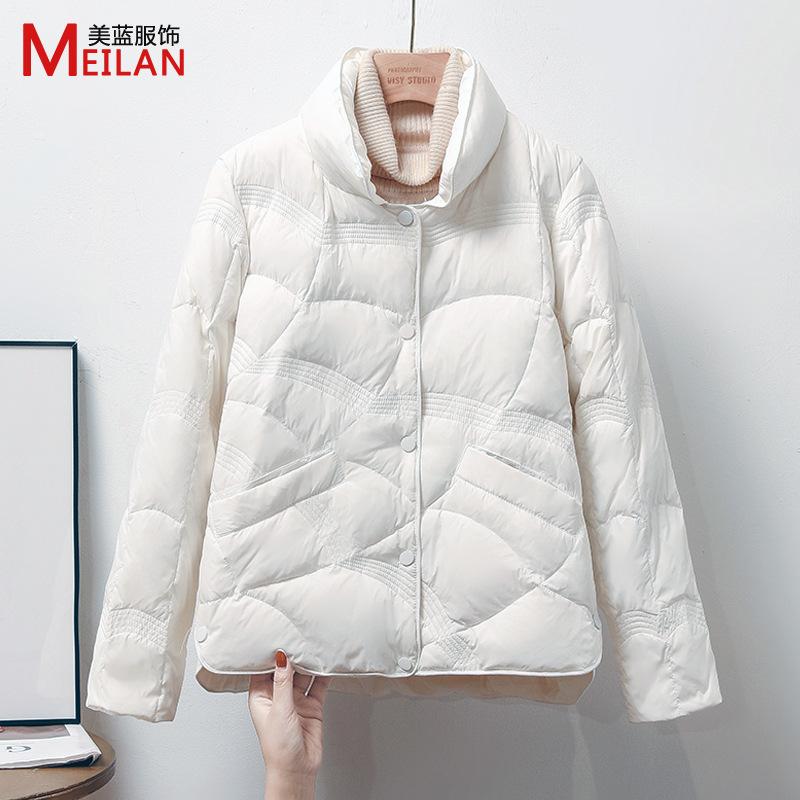 

Women s down jacket jacket Pinghu autumn and winter new short light and thin auspicious cloud stand-up collar simple and hot-selling S белый