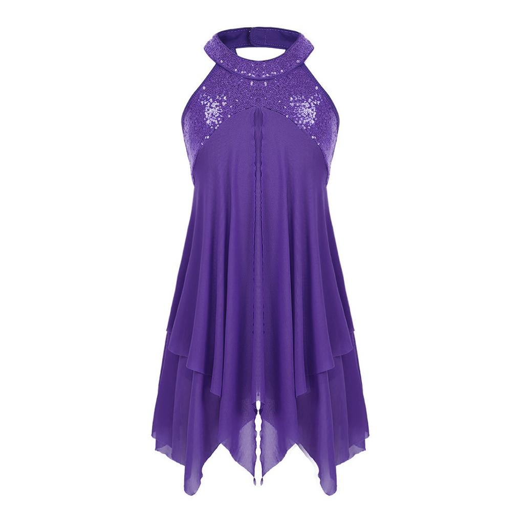 Ohlávka bez rukávů Flitry Criss Cross Back Nepravidelné trikotové šaty Dětské Dívčí Kostýmy moderního lyrického tance