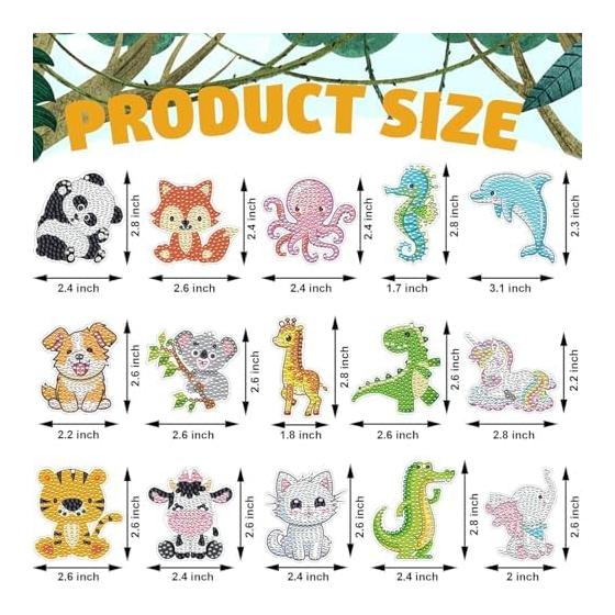 Diamond Art Animal Set of 15 Keychain DIY Kit Rhinestone Glitter Beads Charm Diamond Painting Pendant