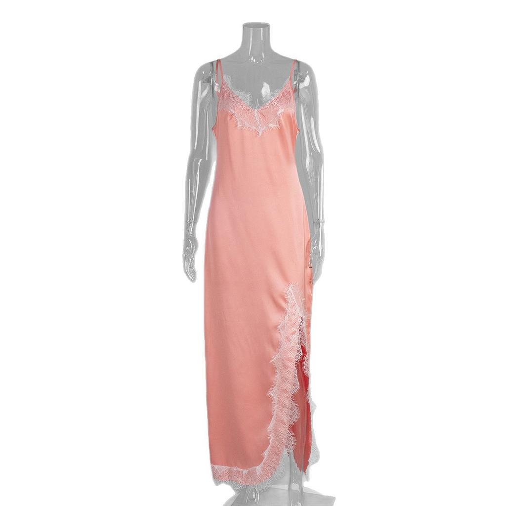 Lace lace suspender long dress European and American summer simulation silk sexy split splicing lace dress women