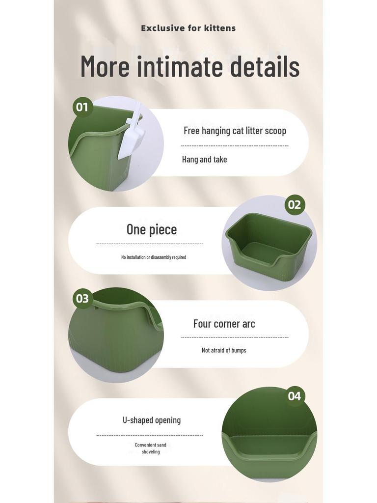 Open Anti-Splash Cat Litter Box with Mat - Easy Clean Kitten Toilet