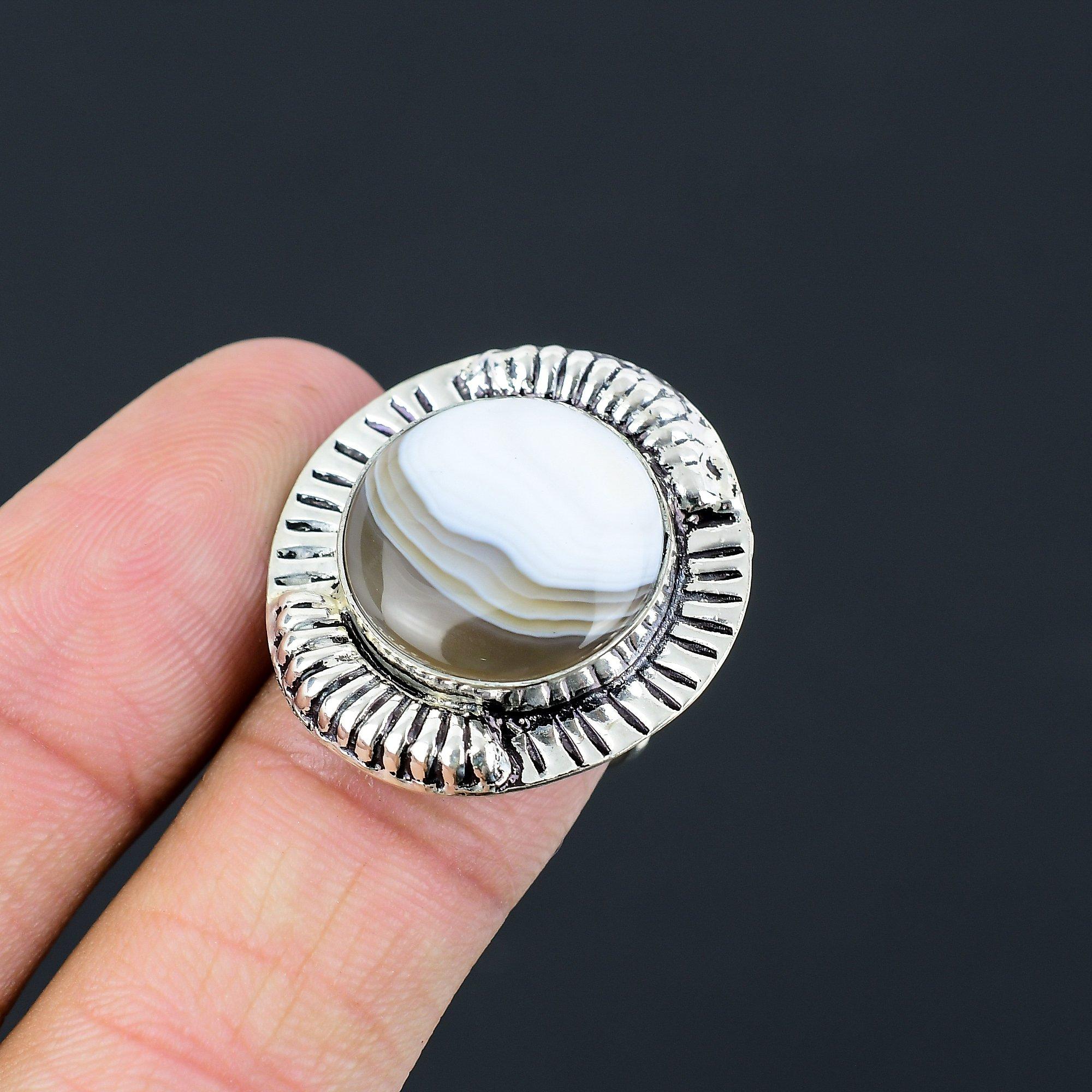 Round Botswana Agate Stone 925 Sterling Silver Promise Birthday Sister Ring US 7 7